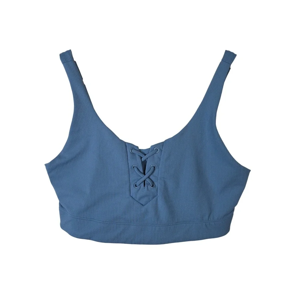 JoyLab Womens Ribbed Lace Up Front Sports Bra Dusty Blue Medium Activewear‎
